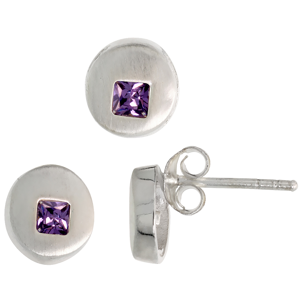 Sterling Silver Princess Cut Amethyst Purple CZ Round Circle Stud Earrings & Pendant Set Brushed finish