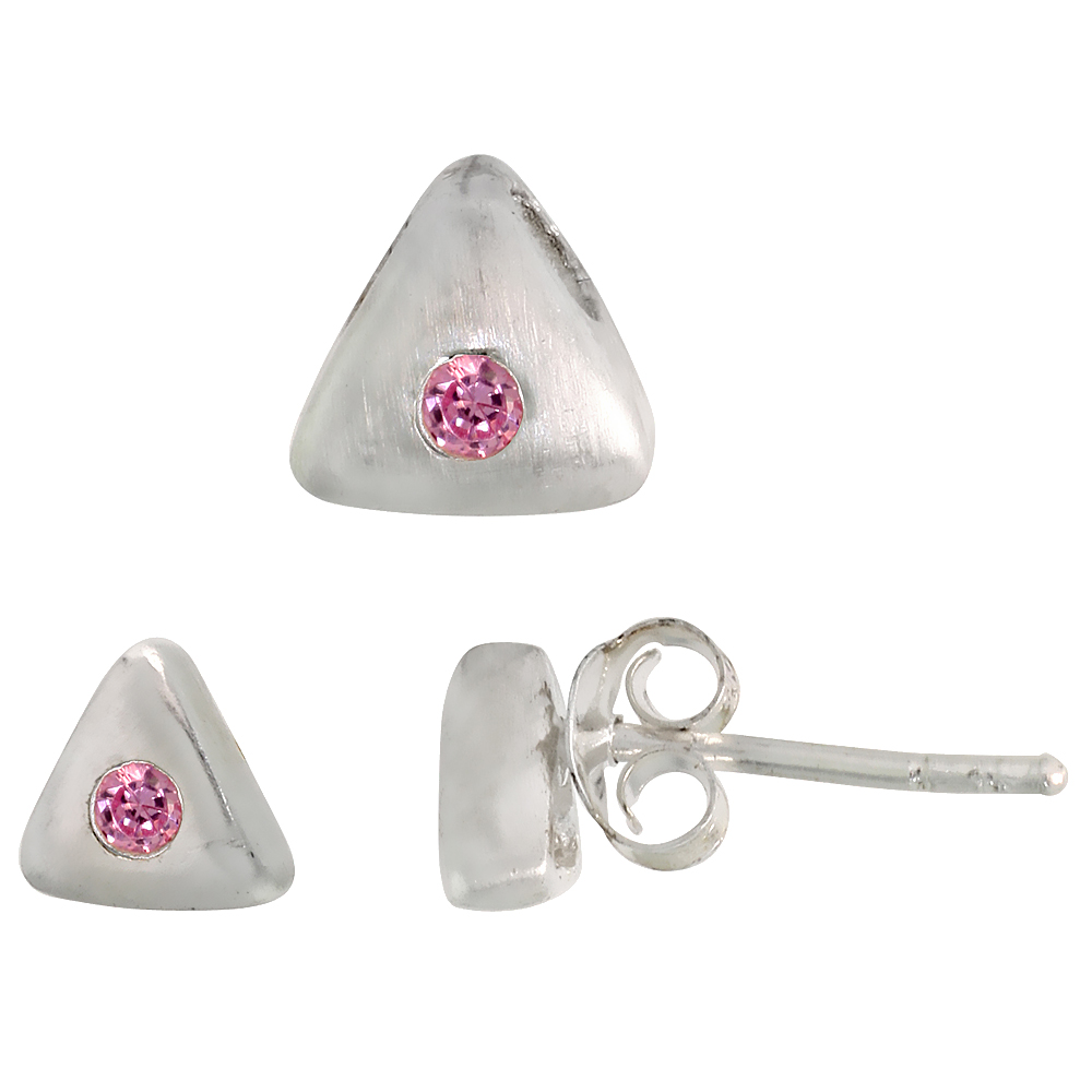 Sterling Silver Brilliant Cut Pink CZ Triangle Stud Earrings &amp; Pendant set for women Brushed finish