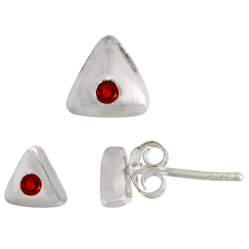 Sterling Silver Brilliant Cut Garnet Red CZ Triangle Stud Earrings & Pendant Set Brushed finish