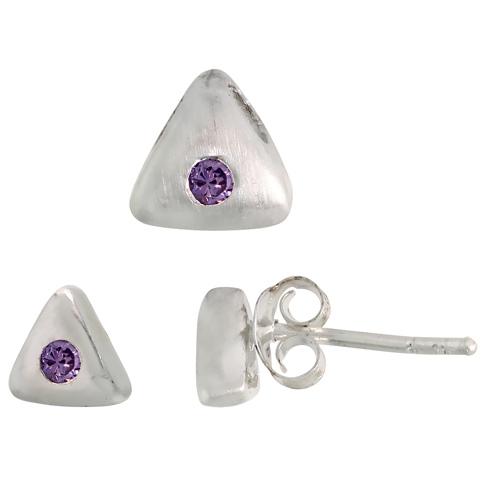 Sterling Silver Brilliant Cut Amethyst Purple CZ Triangle Stud Earrings &amp; Pendant Set Brushed finish
