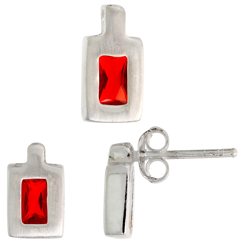 Sterling Silver Radiant Cut Ruby Red CZ Rectangular Stud Earrings and Pendant Set Brushed finish