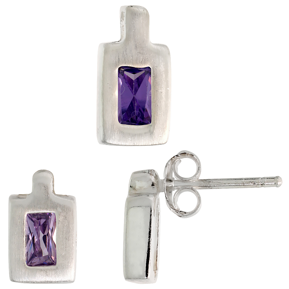 Sterling Silver Radiant Cut Amethyst Purple CZ Rectangular Stud Earrings and Pendant Set Brushed finish