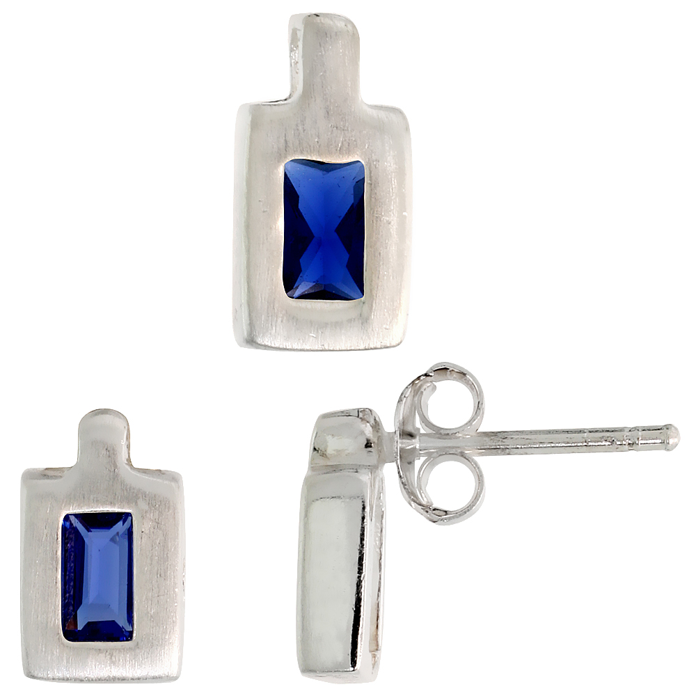 Sterling Silver Radiant Cut Blue Sapphire CZ Rectangular Stud Earrings and Pendant Set Brushed finish
