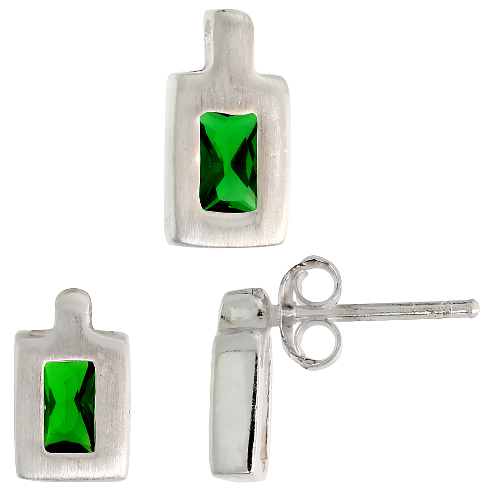 Sterling Silver Radiant Cut Emerald Green CZ Rectangular Stud Earrings and Pendant Set Brushed finish