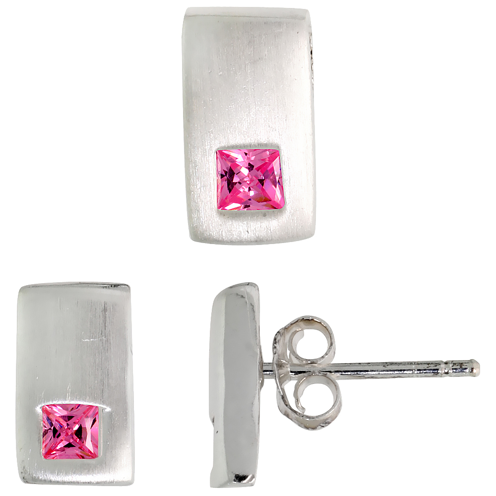 Sterling Silver Princess Cut Pink CZ Rectangular Stud Earrings &amp; Pendant set for women Brushed finish