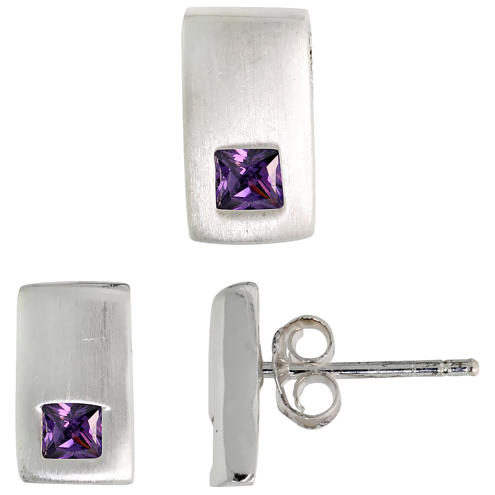 Sterling Silver Princess Cut Amethyst Purple CZ Rectangular Stud Earrings & Pendant Set Brushed finish