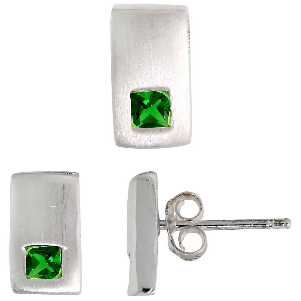 Sterling Silver Princess Cut Emerald Green CZ Rectangular Stud Earrings &amp; Pendant Set Brushed finish