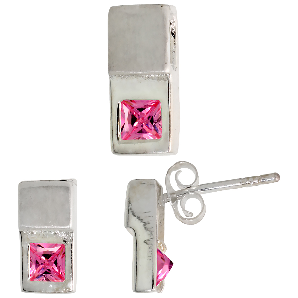 Sterling Silver Princess Cut Pink CZ Recessed Rectangle Stud Earrings &amp; Pendant Set Brushed finish