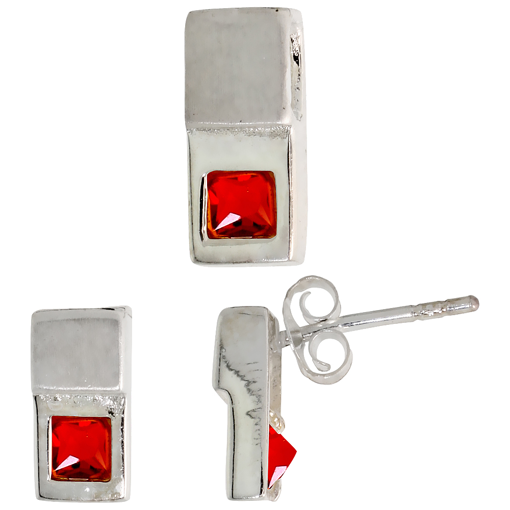 Sterling Silver Princess Cut Ruby Red CZ Recessed Rectangle Stud Earrings &amp; Pendant Set Brushed finish