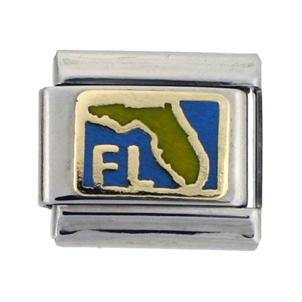 Stainless Steel 18k Gold Florida Map Charm for Italian Charm Bracelets Blue Enamel
