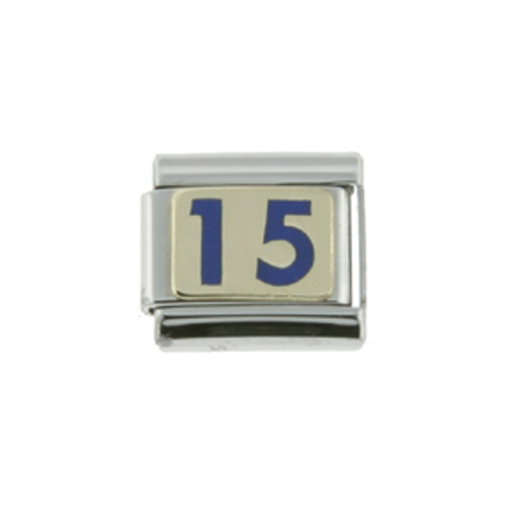 Stainless Steel 18k Gold Number 15 Charm for Italian Charm Bracelets Blue Enamel