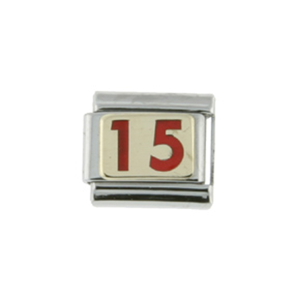 Stainless Steel 18k Gold Number 15 Charm for Italian Charm Bracelets red enamel