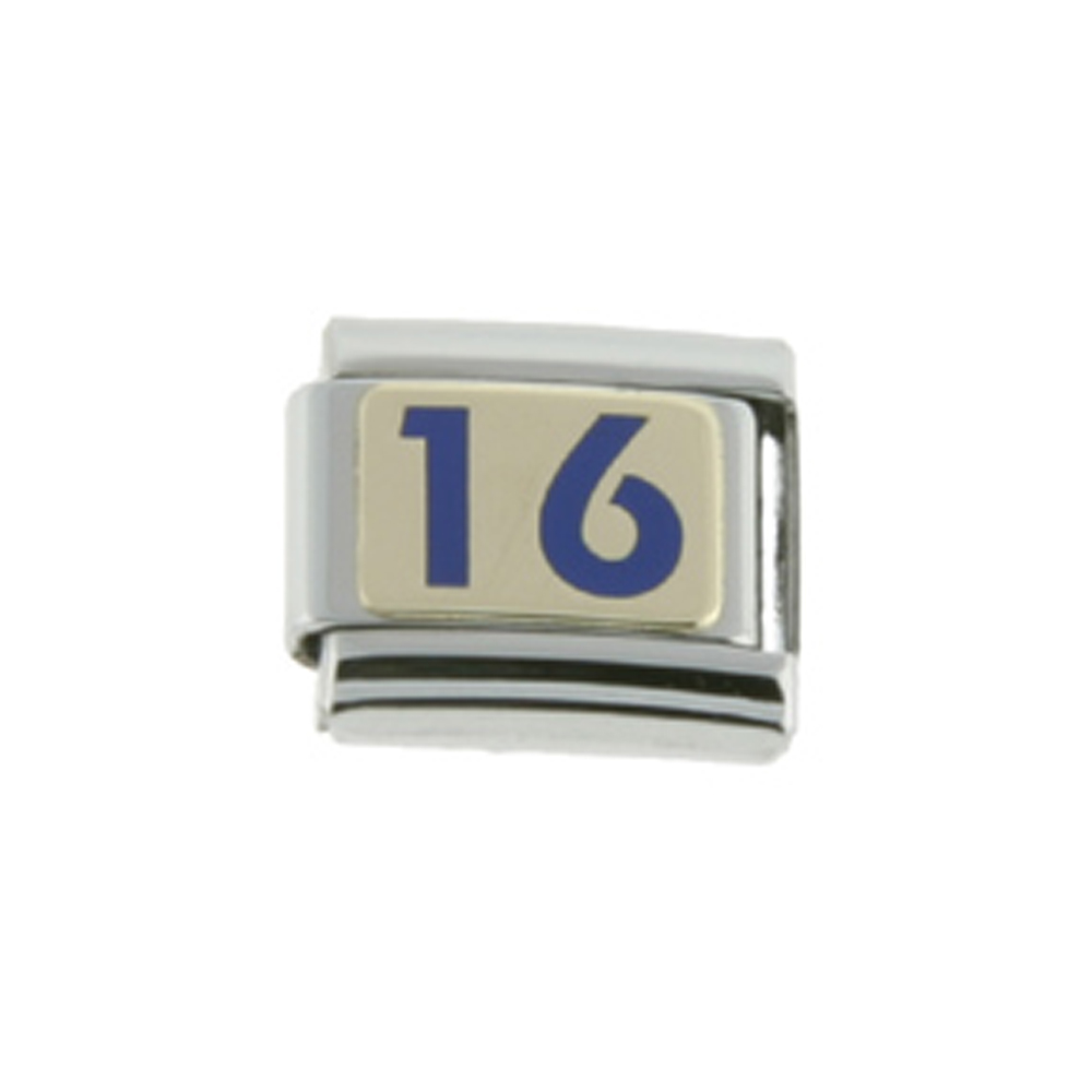 Stainless Steel 18k Gold Number 16 Charm for Italian Charm Bracelets Blue Enamel