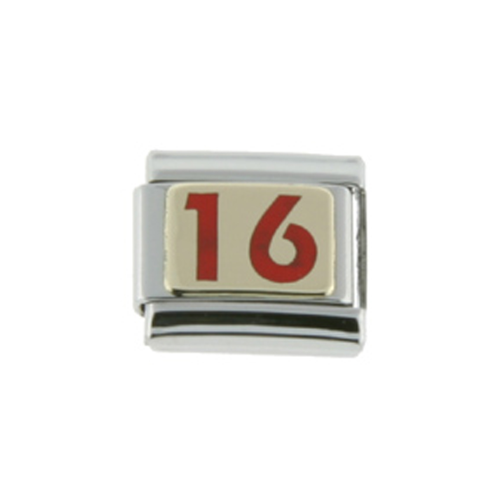Stainless Steel 18k Gold Number 16 Charm for Italian Charm Bracelets red enamel