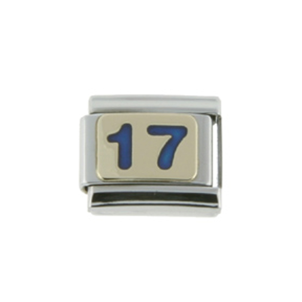 Stainless Steel 18k Gold Number 17 Charm for Italian Charm Bracelets Blue Enamel