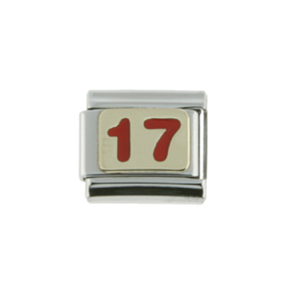Stainless Steel 18k Gold Number 17 Charm for Italian Charm Bracelets red enamel