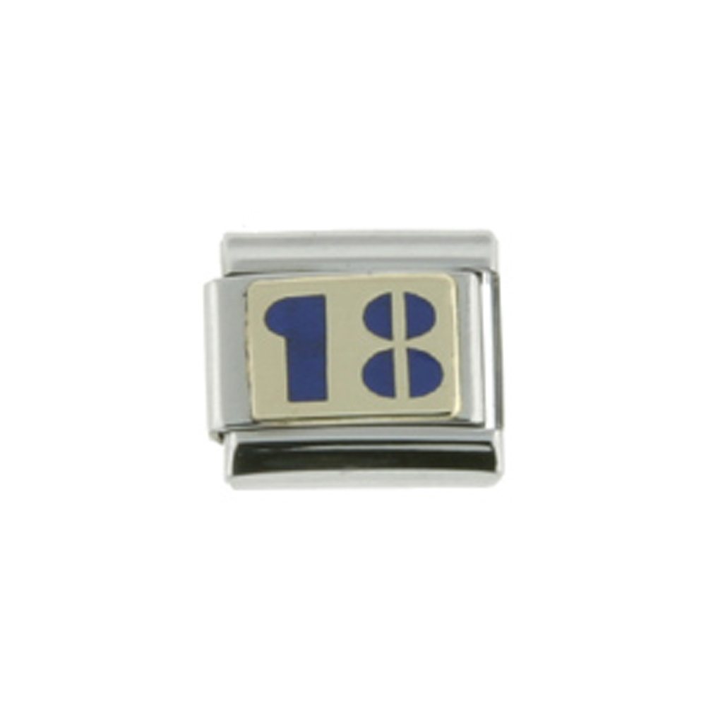 Stainless Steel 18k Gold Number 18 Charm for Italian Charm Bracelets Blue Enamel