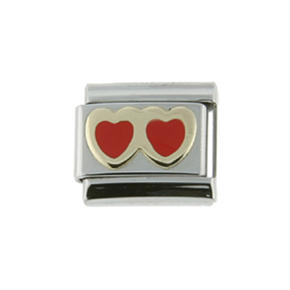 Stainless Steel 18k Gold Double Red Heart Charm for Italian Charm Bracelets