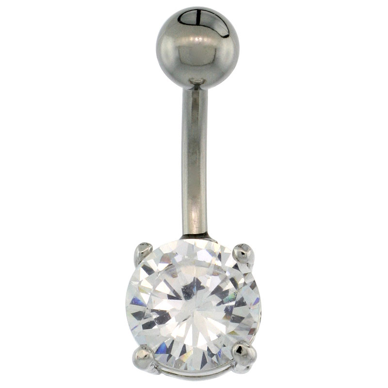 Surgical Steel Belly Button Ring w/ 8mm Clear CZ Stone (Navel Piercing Body Jewelry)