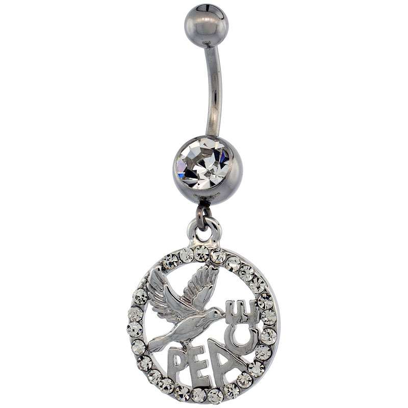 Surgical Steel PEACE Belly Button Ring w/ Crystals, 1 3/16 inch (30 mm) tall (Navel Piercing Body Jewelry)