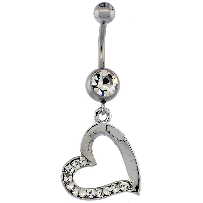 Surgical Steel Heart Cut Out Belly Button Ring w/ Crystals, 1 3/16 inch (30 mm) tall (Navel Piercing Body Jewelry)