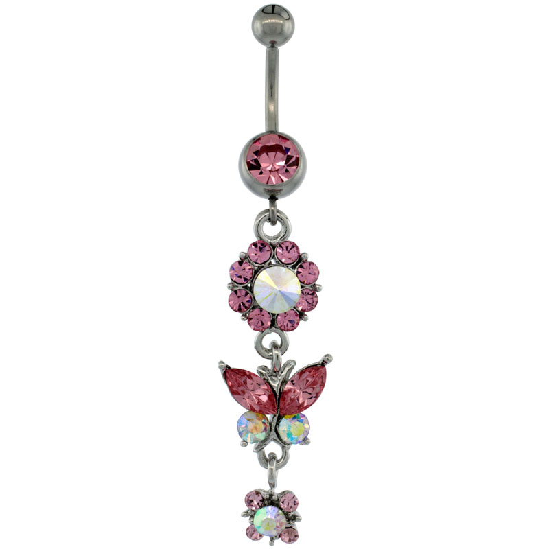 Surgical Steel Dangle Flower &amp; Butterfly Belly Button Ring w/ Pink Crystals, 2 5/16 inch (59 mm) tall (Navel Piercing Body Jewelry)