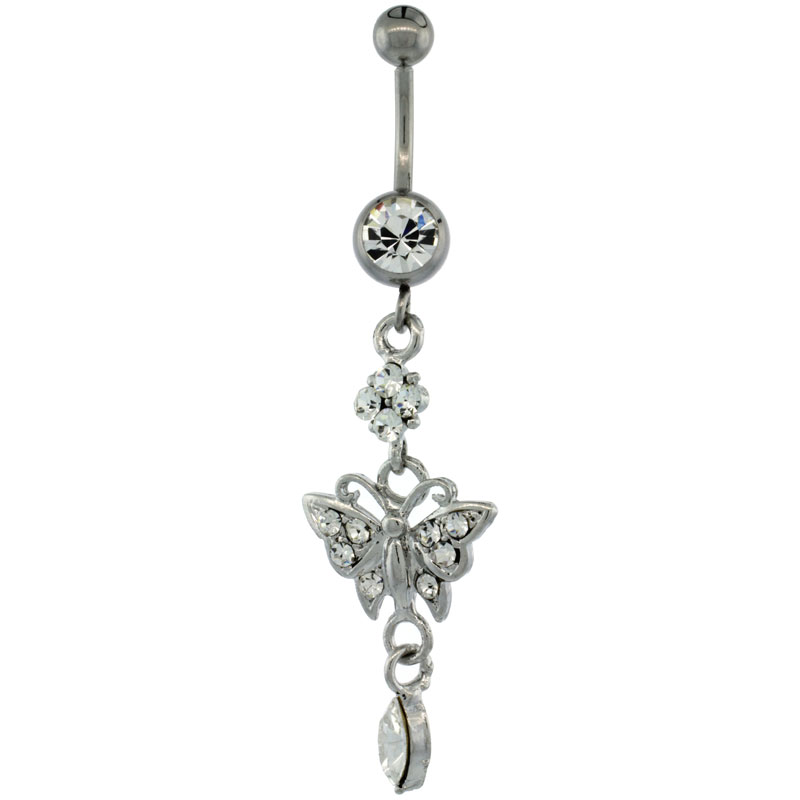 Surgical Steel Dangle Butterfly Belly Button Ring w/ Crystals, 2 5/16 inch (59 mm) tall (Navel Piercing Body Jewelry)