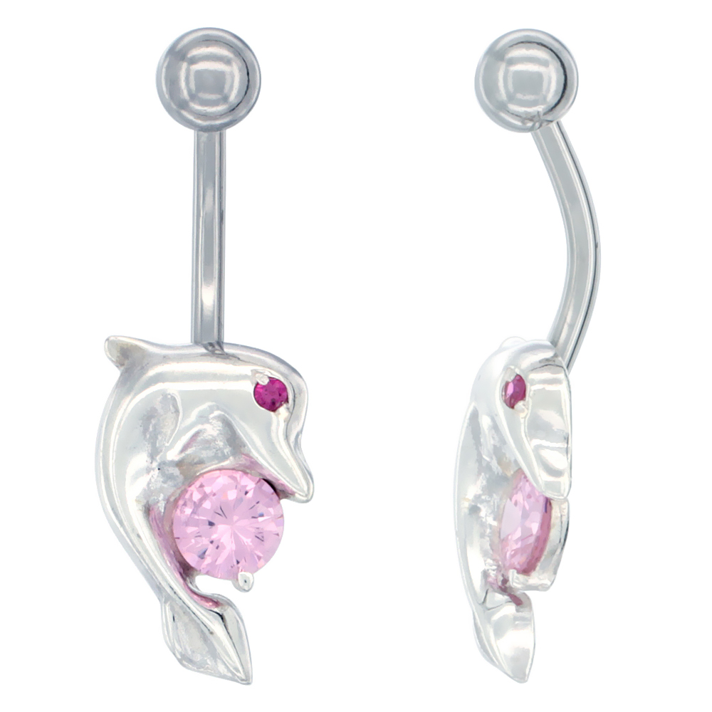 Dolphin Belly Button Ring with Pink Cubic Zirconia on Sterling Silver Setting