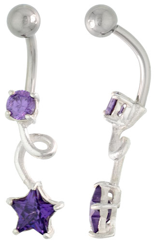 Loop Belly Button Ring with Star Cut Amethyst Cubic Zirconia on Sterling Silver Setting