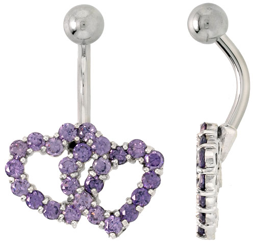 Double Heart Belly Button Ring with Amethyst Cubic Zirconia on Sterling Silver Setting