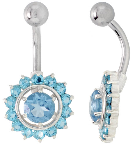 Sunflower Belly Button Ring with Blue Topaz Cubic Zirconia on Sterling Silver Setting