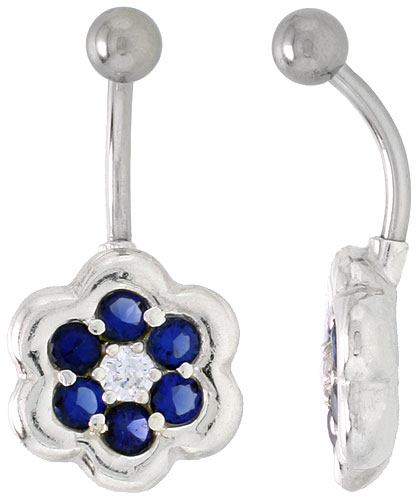 Flower Belly Button Ring with Blue Sapphire Cubic Zirconia on Sterling Silver Setting