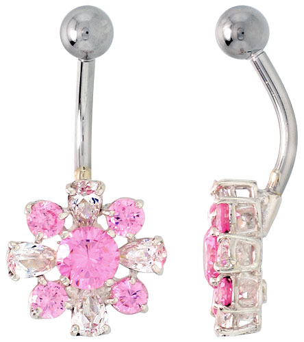 Flower Belly Button Ring with Pink and Clear Cubic Zirconia on Sterling Silver Settings