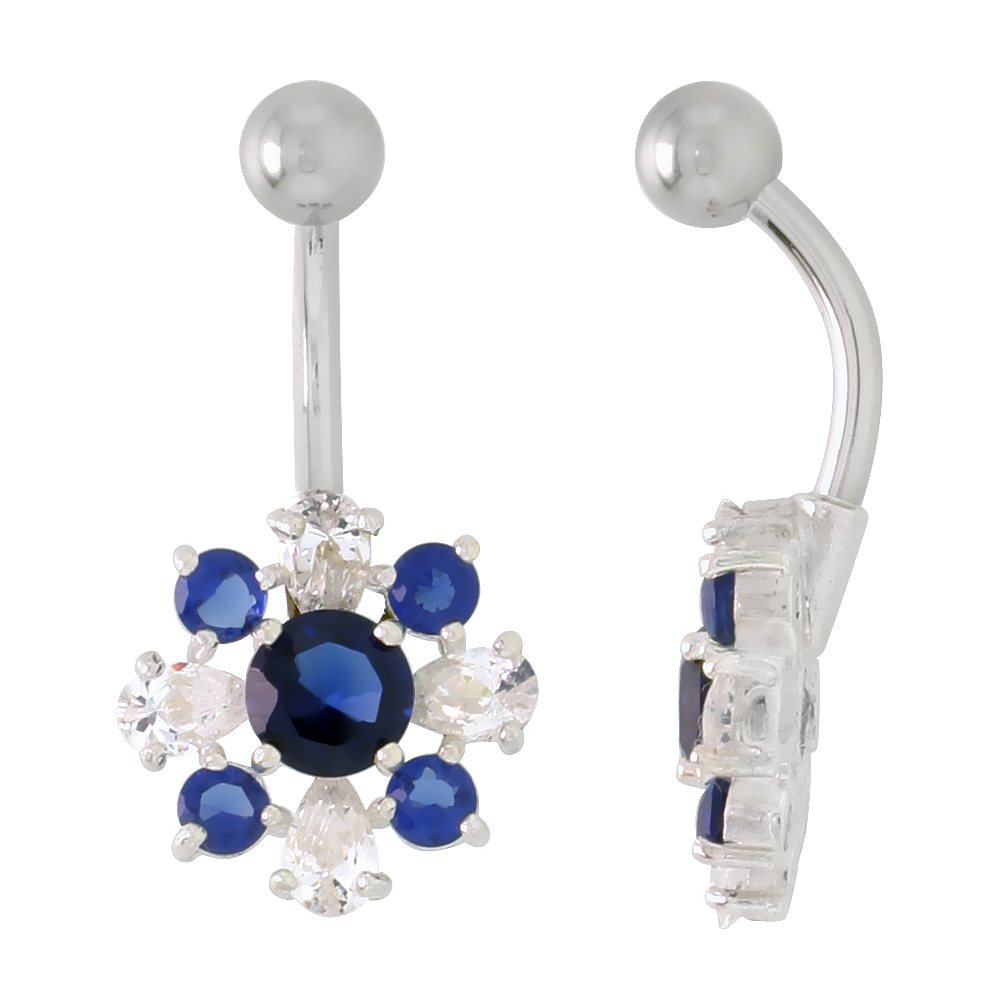 Flower Belly Button Ring with Blue Sapphire and Clear Cubic Zirconia on Sterling Silver Settings