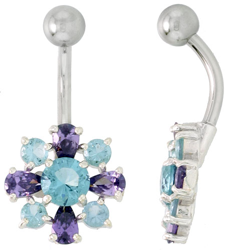 Flower Belly Button Ring with Amethyst and Blue Topaz Cubic Zirconia on Sterling Silver Settings