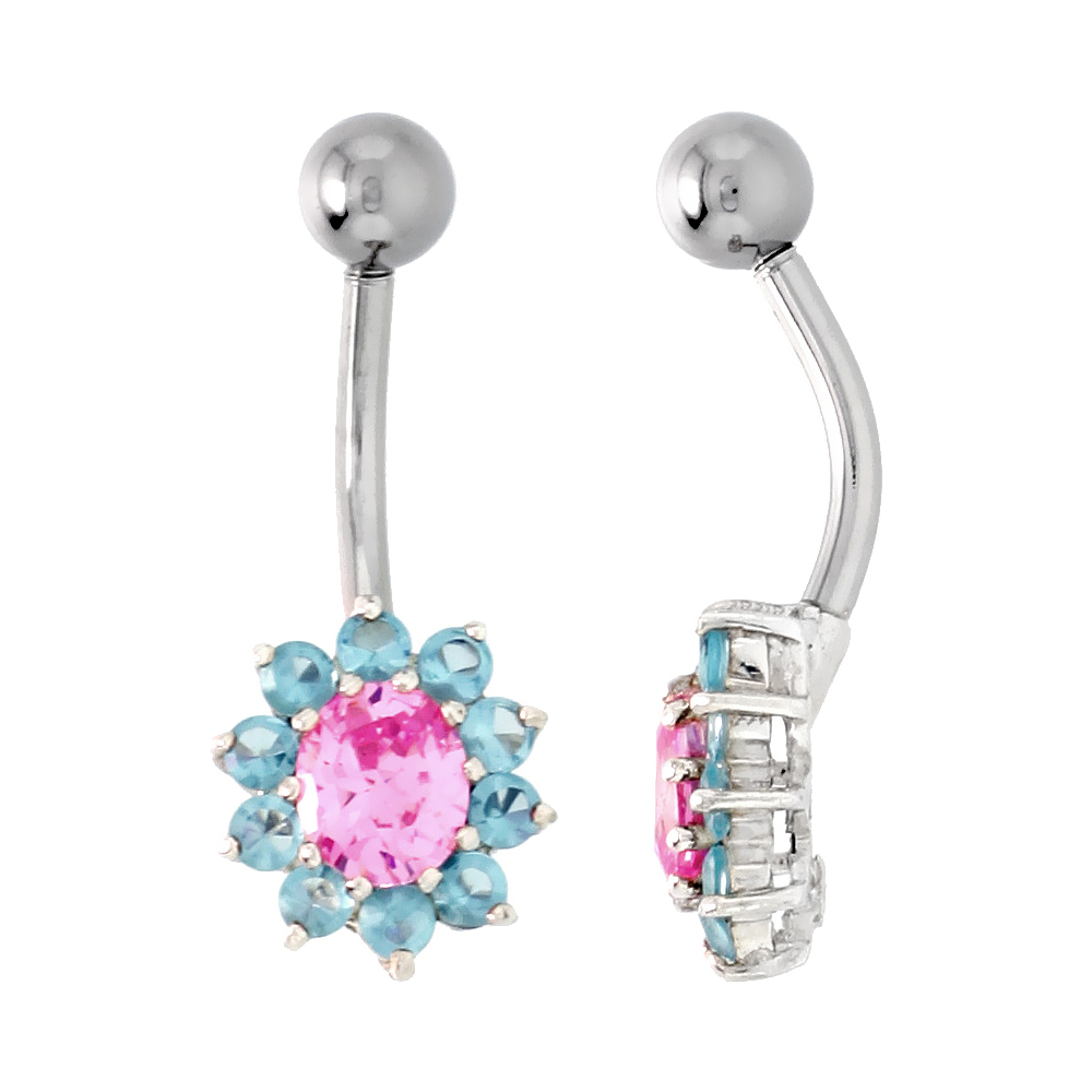 Sunflower Belly Button Ring with Pink and Blue Topaz Cubic Zirconia on Sterling Silver Settings