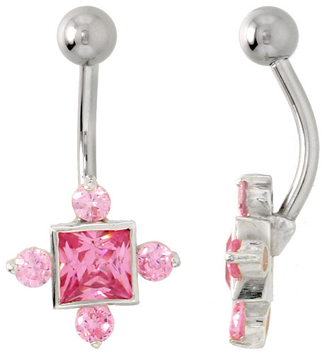 Fancy Star Belly Button Ring with Pink Cubic Zirconia on Sterling Silver Setting