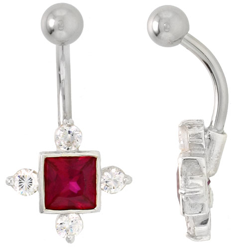 Fancy Star Belly Button Ring with Ruby Red Cubic Zirconia on Sterling Silver Setting