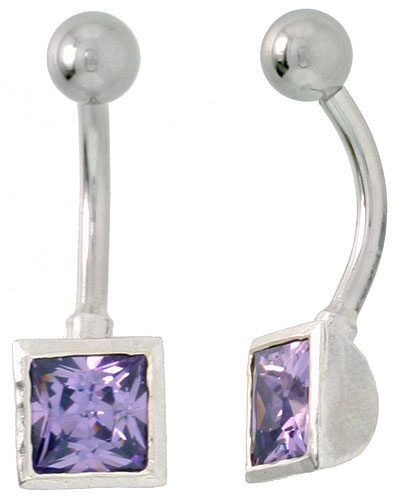 Belly Button Ring with Amethyst Princess Cut Cubic Zirconia on Sterling Silver Setting