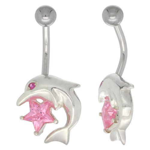 Dolphins Belly Button Ring with Pink Cubic Zirconia on Sterling Silver Setting