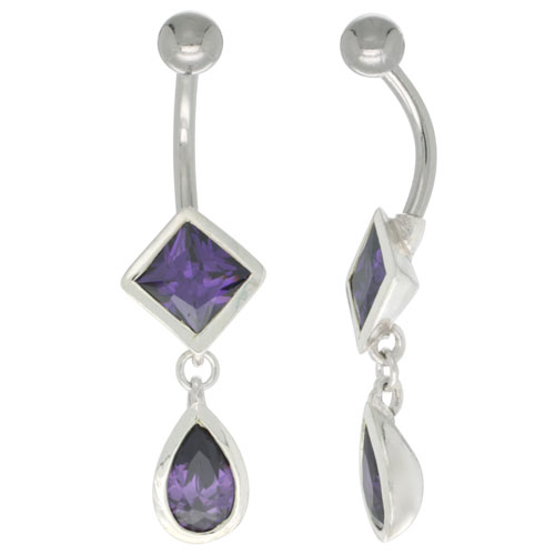 Long Tear Drop Belly Button Ring with Amethyst Cubic Zirconia on Sterling Silver Setting