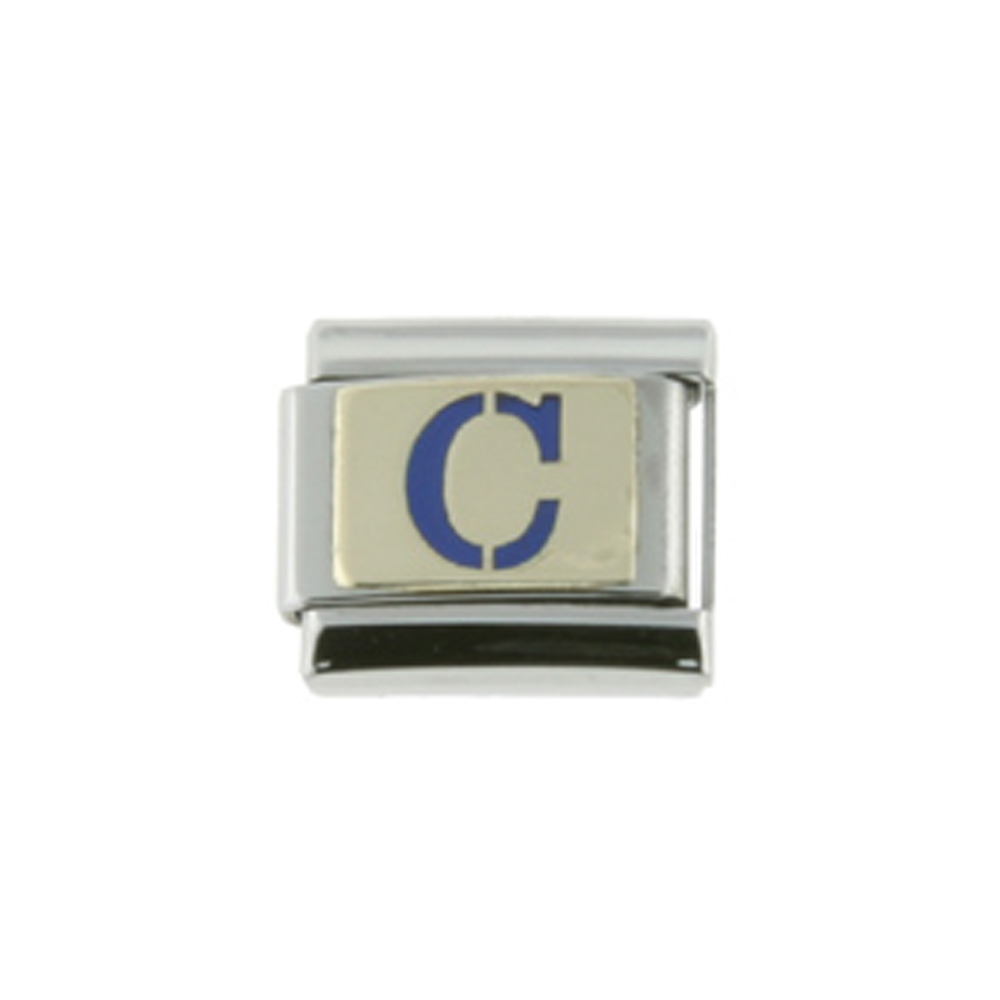 Stainless Steel 18k Gold Italian Charm Initial Letter C for Italian Charm Bracelets Blue Enamel