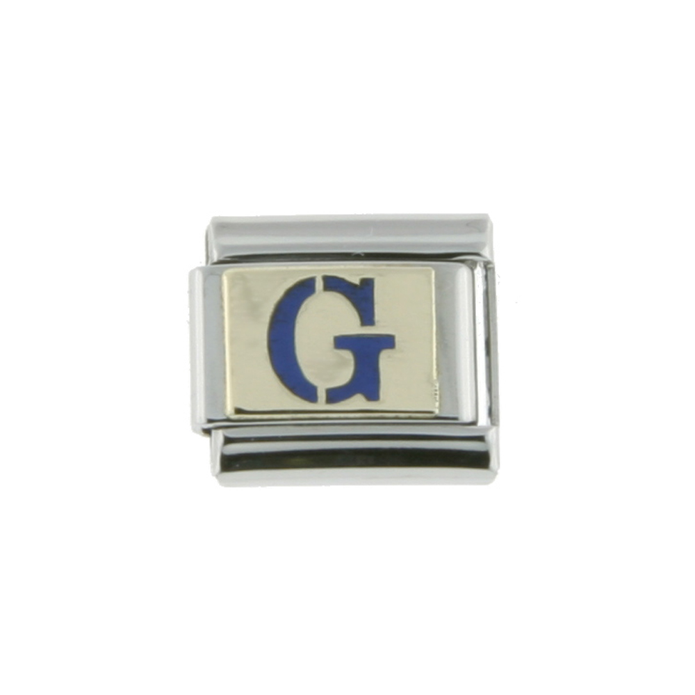 Stainless Steel 18k Gold Italian Charm Initial Letter G for Italian Charm Bracelets Blue Enamel