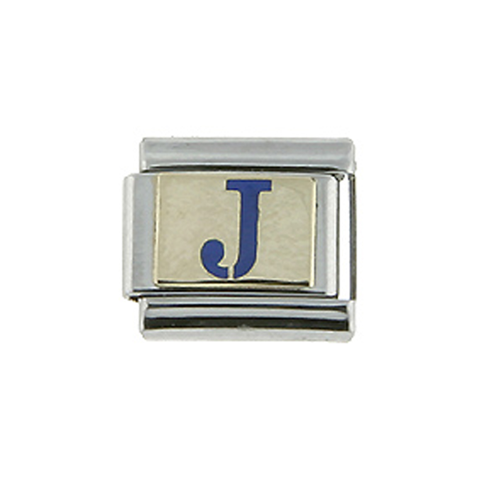 Stainless Steel 18k Gold Italian Charm Initial Letter J for Italian Charm Bracelets Blue Enamel