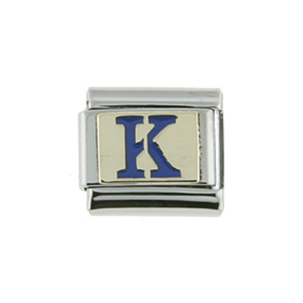 Stainless Steel 18k Gold Italian Charm Initial Letter K for Italian Charm Bracelets Blue Enamel