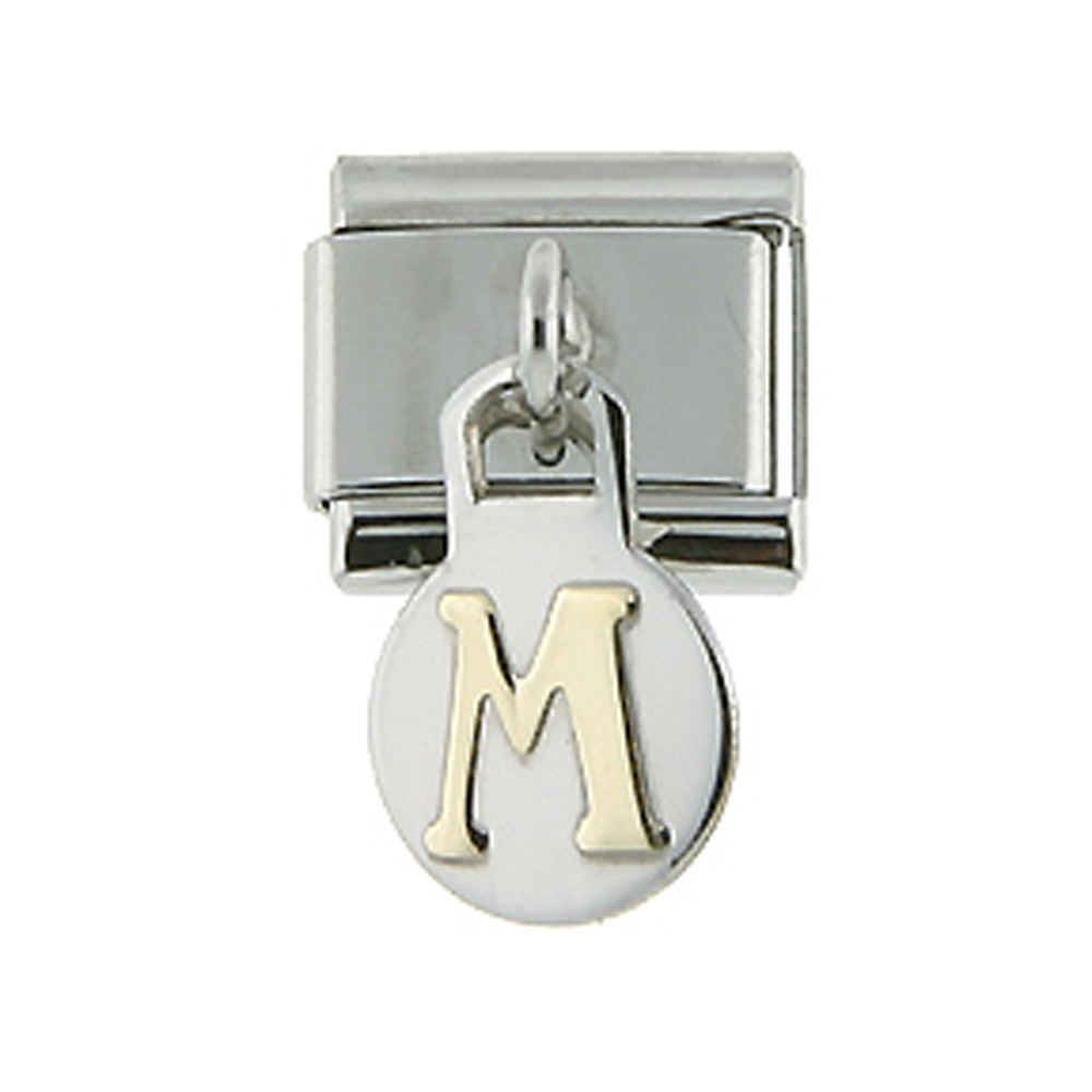 Stainless Steel 18k Gold Hanging Italian Charm Initial Letter M for Italian Charm Bracelets