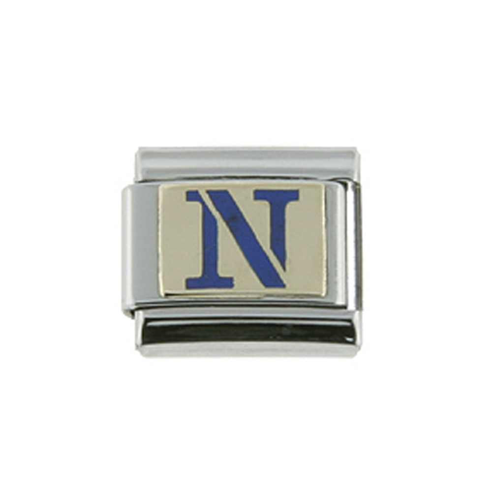 Stainless Steel 18k Gold Italian Charm Initial Letter N for Italian Charm Bracelets Blue Enamel