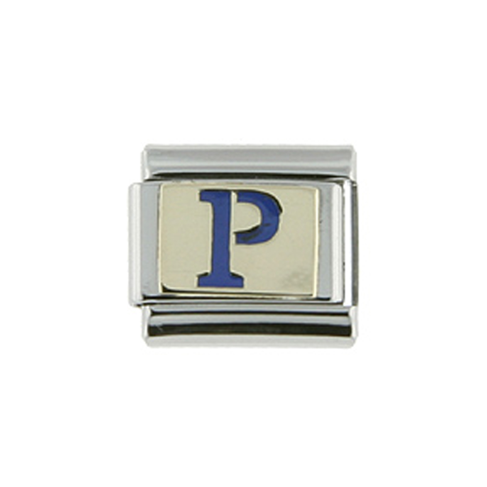 Stainless Steel 18k Gold Italian Charm Initial Letter P for Italian Charm Bracelets Blue Enamel