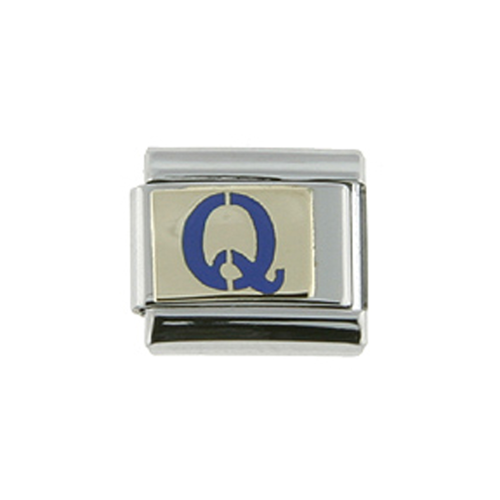 Stainless Steel 18k Gold Italian Charm Initial Letter Q for Italian Charm Bracelets Blue Enamel