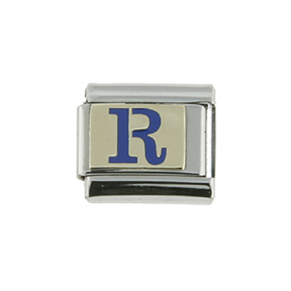 Stainless Steel 18k Gold Italian Charm Initial Letter R for Italian Charm Bracelets Blue Enamel